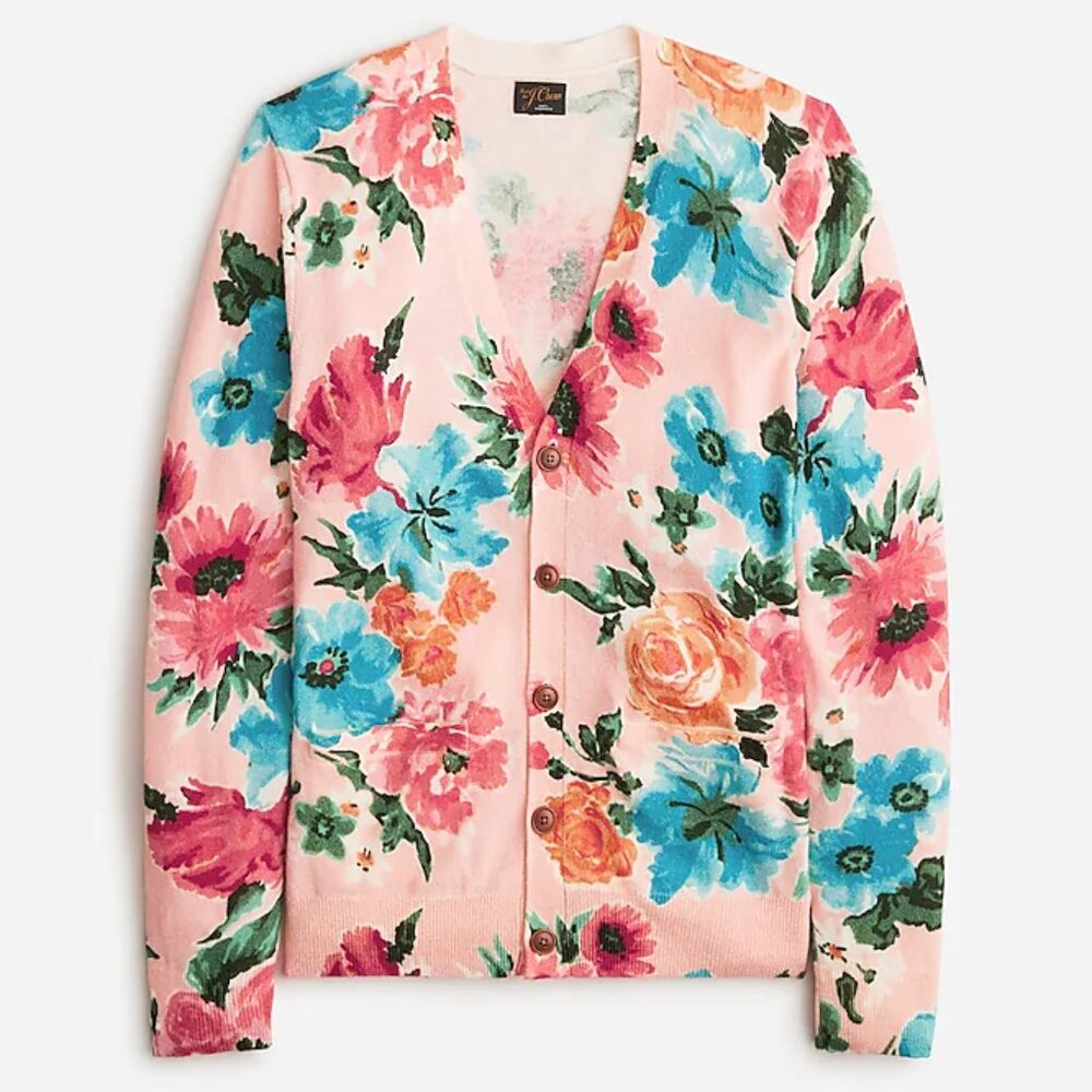 NWT J Crew 100% Cashmere Floral Flower Cardigan Sweater Mens Large - Picture 1 of 8